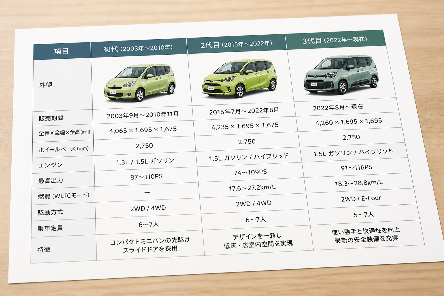 歴代シエンタのスペックや年式がまとめられた比較表の書類