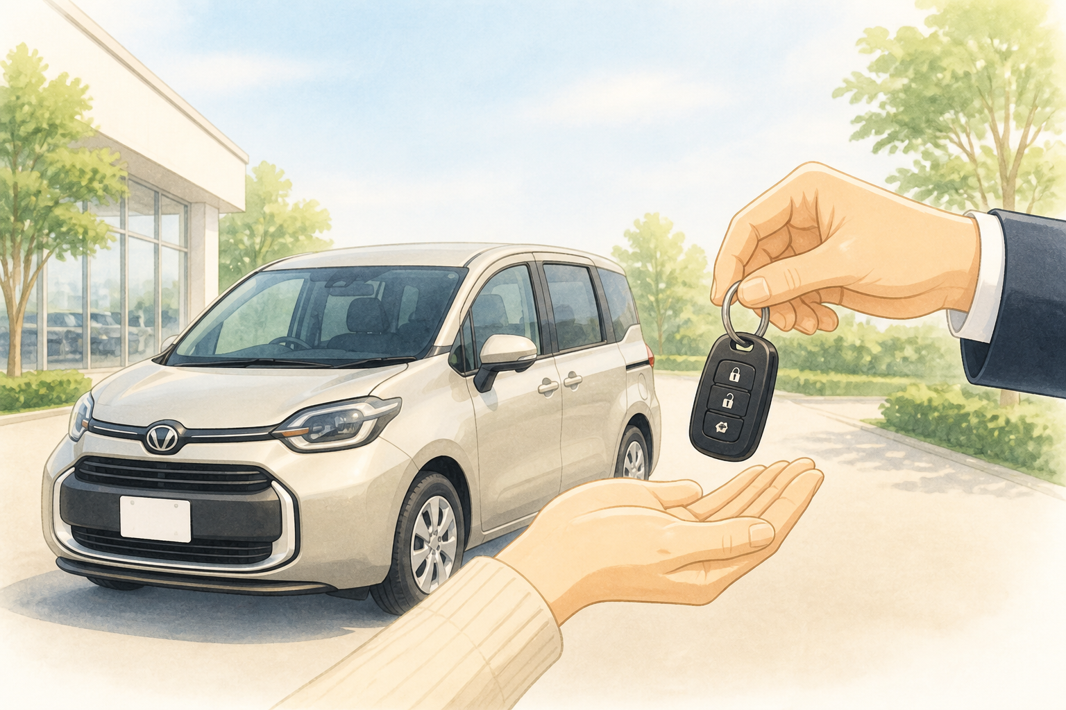 笑顔の家族が新しい車の前で鍵を受け取り満足そうにしている様子
