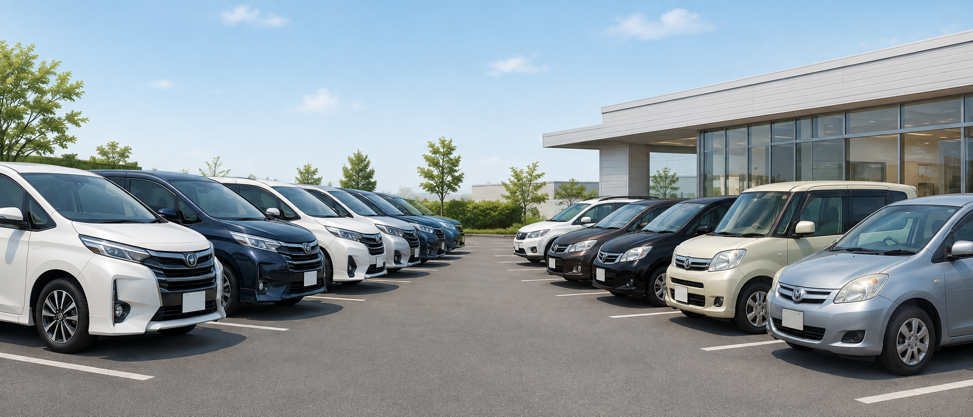 新車と中古車が整然と並ぶ国産車ディーラーの屋外展示場