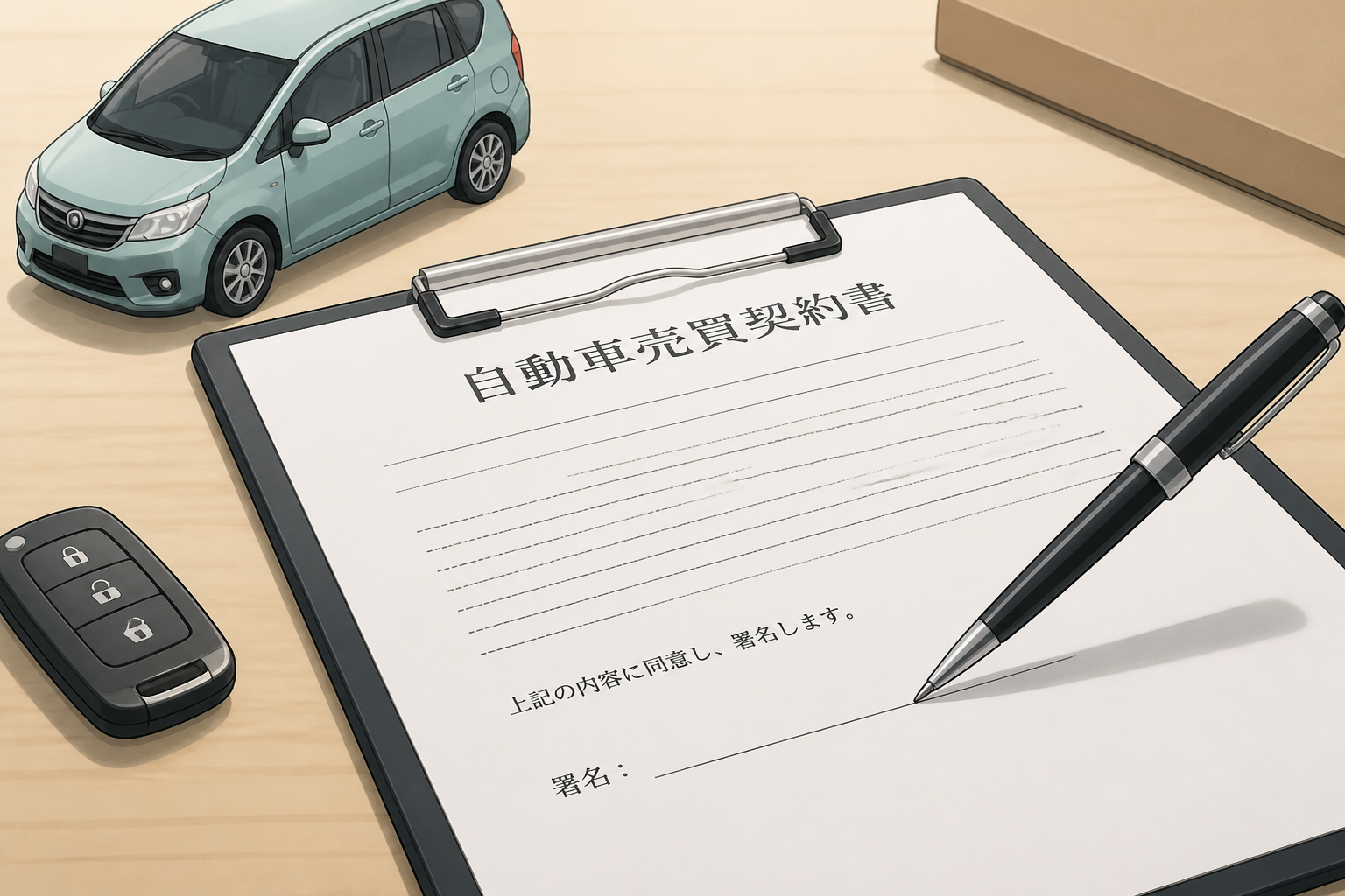 商談テーブルの上で自動車売買契約書にサインする手元