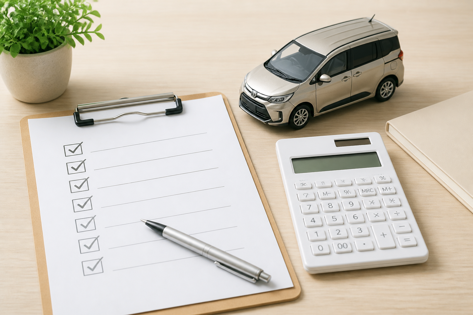 清潔感のあるデスクの上で車売却のチェックリストと計算卓が整然と並ぶ静物構図