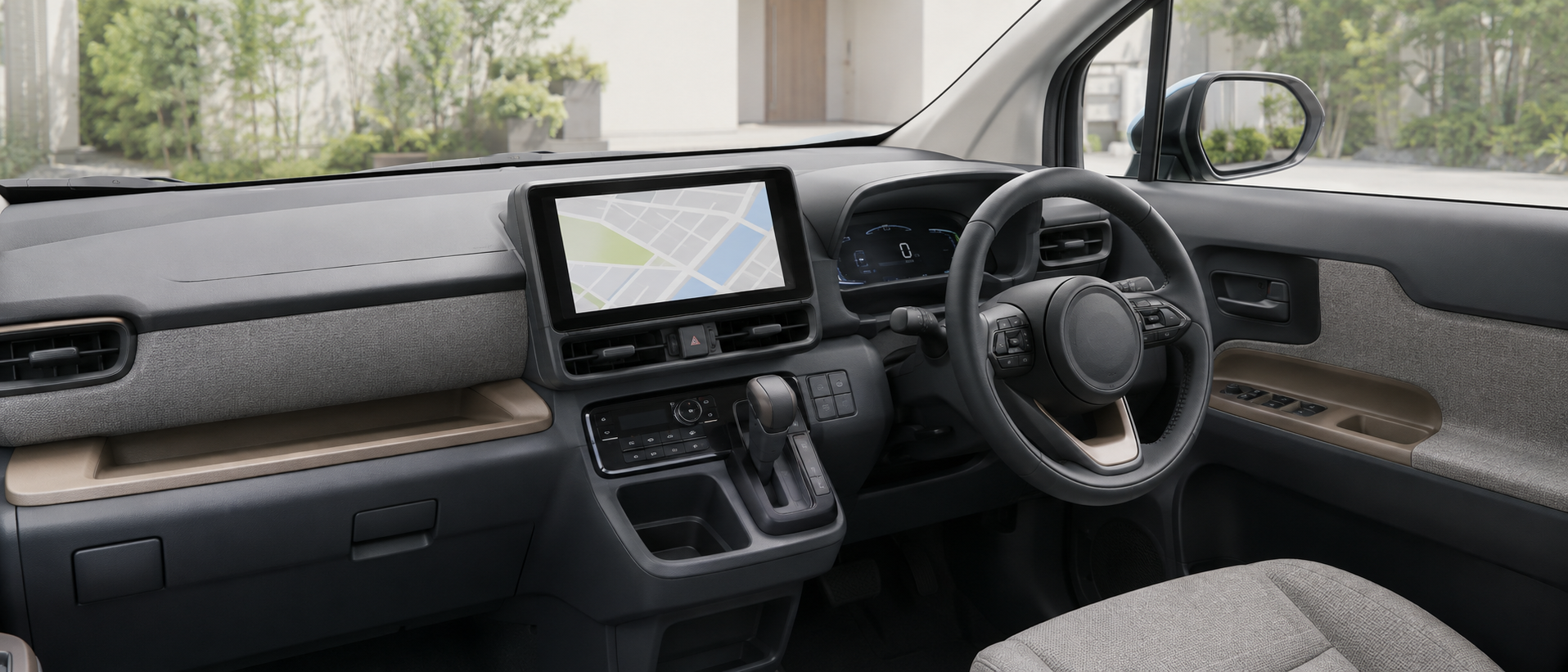 新型シエンタの運転席周りと純正ダッシュボードに収まるナビ画面の静物構図