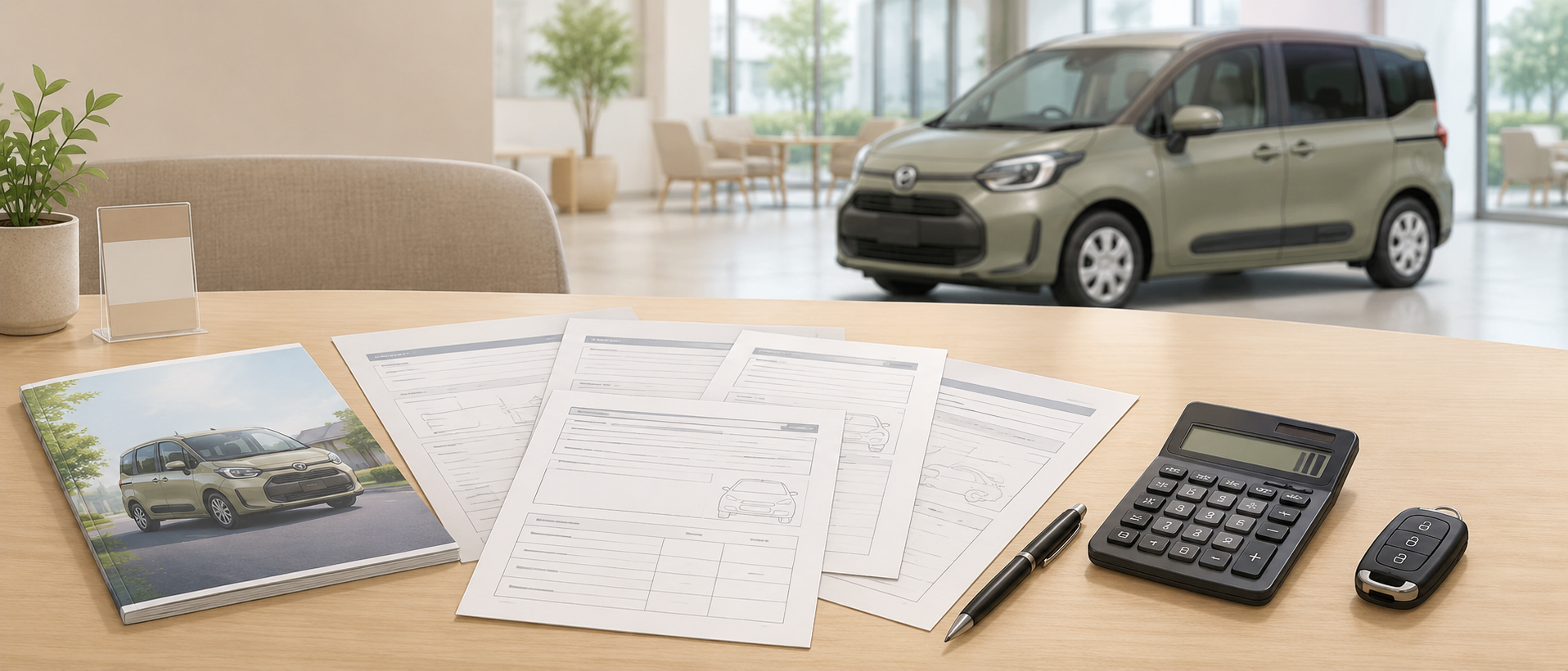 新車ディーラーの商談スペースでカタログと査定見積書が並べられたデスクの様子