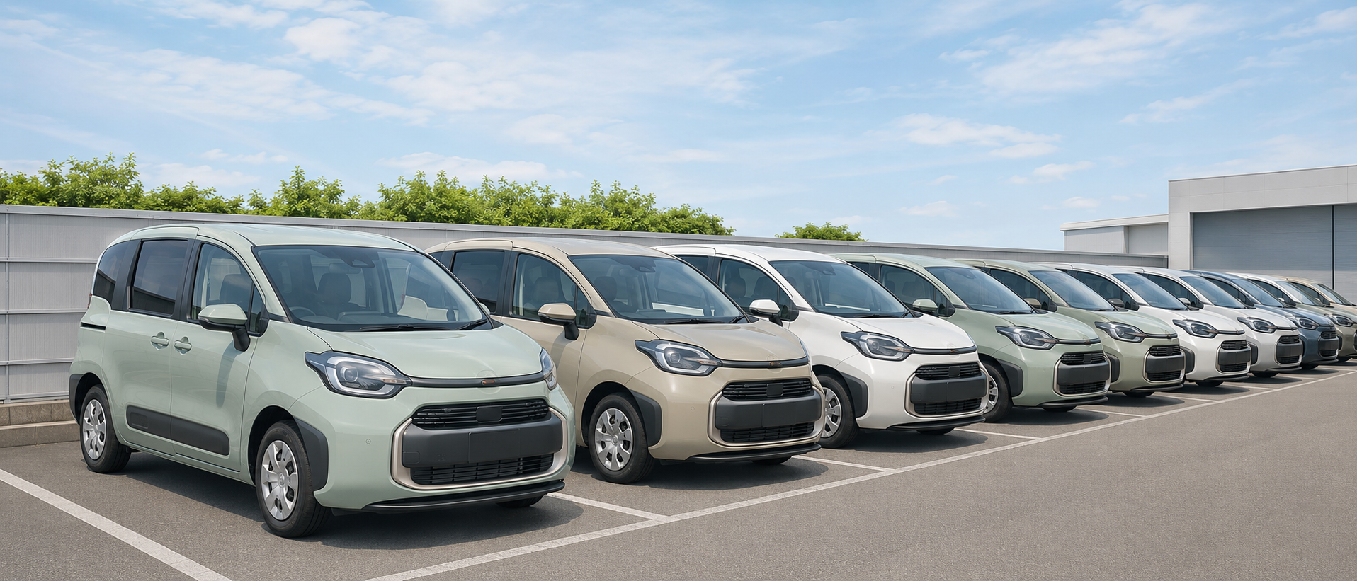 納車前の新型シエンタが整然と並んでいるディーラーのモータープール
