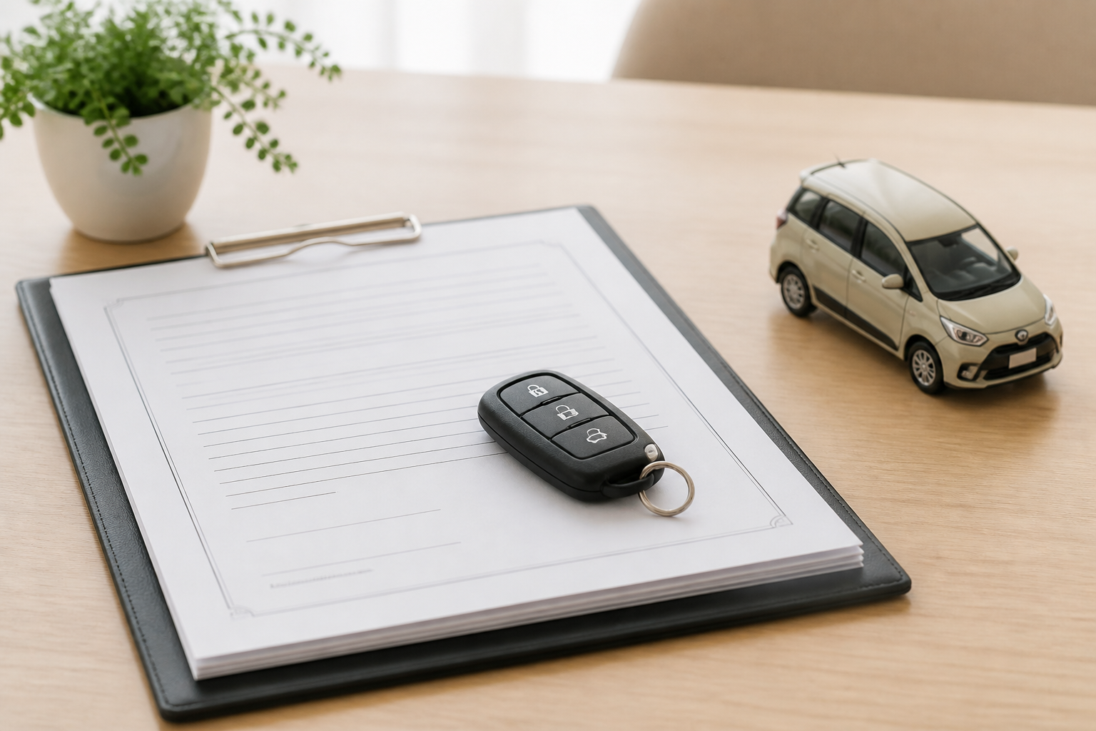 新車の契約書類と車の鍵が置かれた商談テーブルの手元