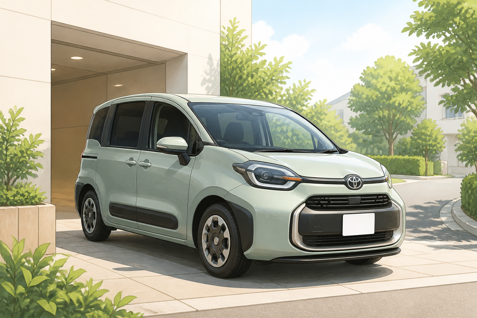 納車手続きが完了し、新車のシエンタを受け取って笑顔で出発するファミリー