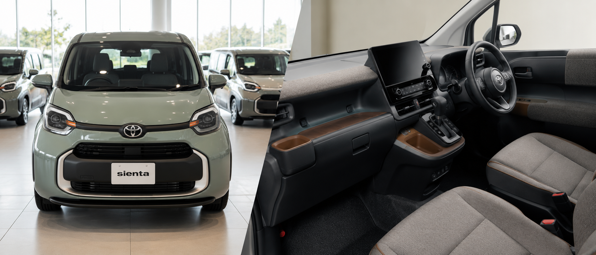 新車試乗車や展示場に並ぶ最新型シエンタのフロントビューと内装の質感