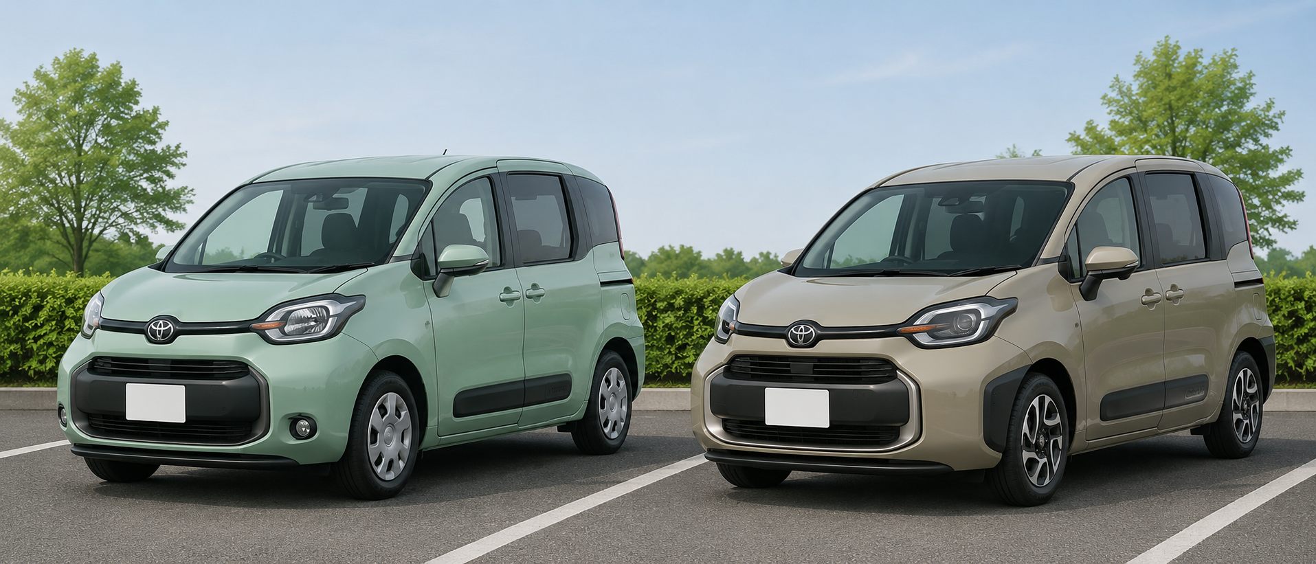 トヨタのコンパクトミニバン「シエンタ」が新旧並んで駐車されている静物構図