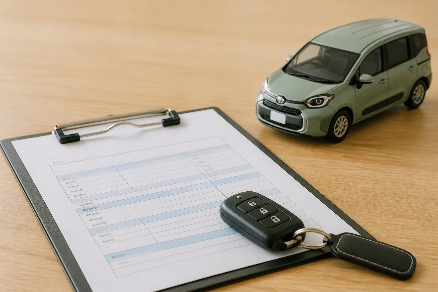 査定書類と車のキーがテーブルの上に置かれた買取交渉の場面