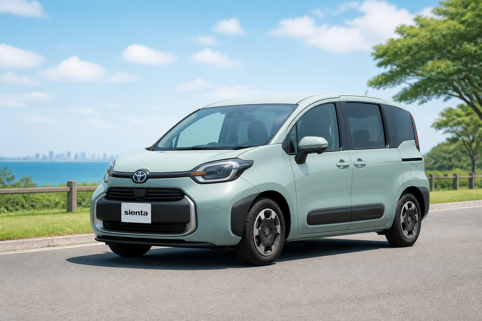 シエンタの車体全体が美しく収まった、買い替えや査定をイメージさせる明るいロケーションの屋外写真