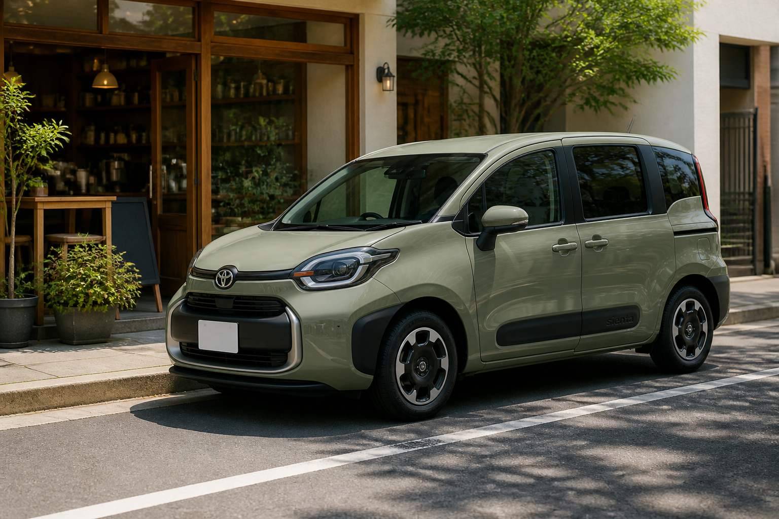 アーバンカーキのシエンタが市街地のカフェ前に停車しているナチュラルで生活感のある風景