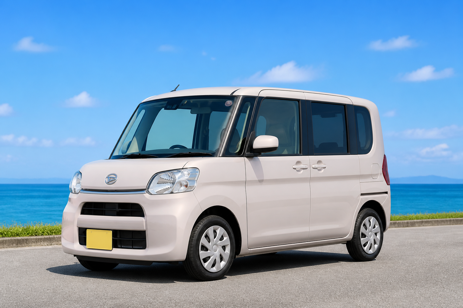青空の下に停車しているダイハツ・タントの全景。斜め前方からの静物構図