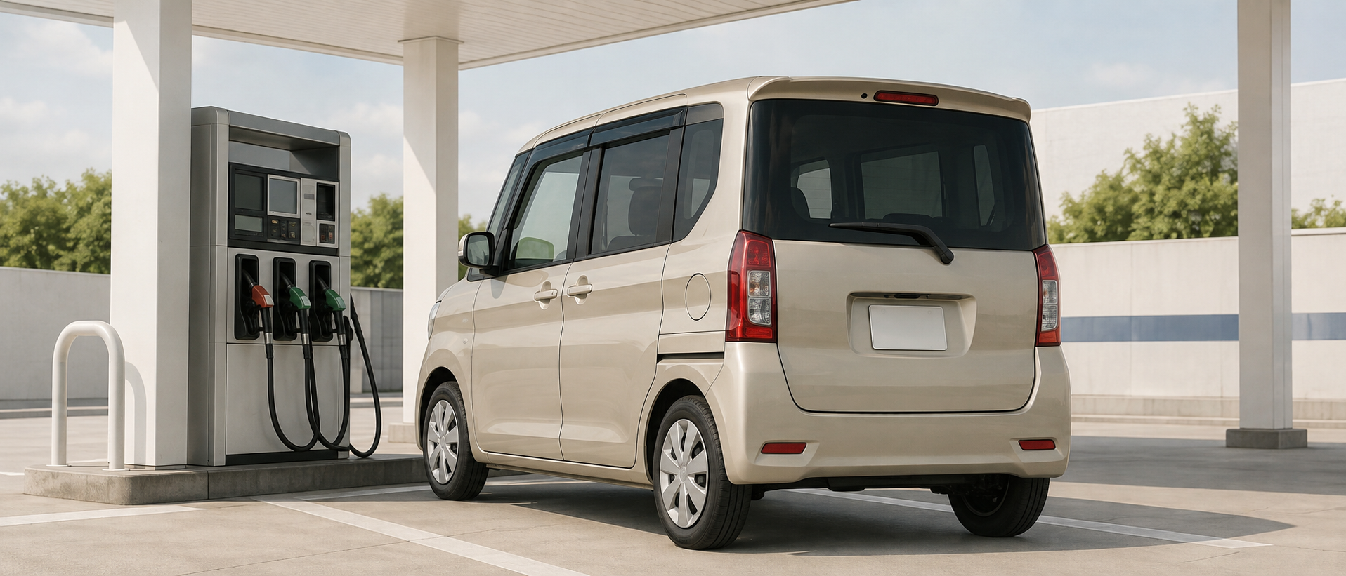 セルフガソリンスタンドの給油機前に停車している軽自動車ダイハツ・タントの斜め後方静物カット