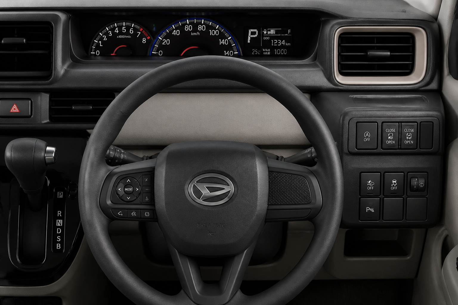 ダイハツ・タントの運転席ダッシュボード周りの各種スイッチ類とメーターパネルを映した静物画像