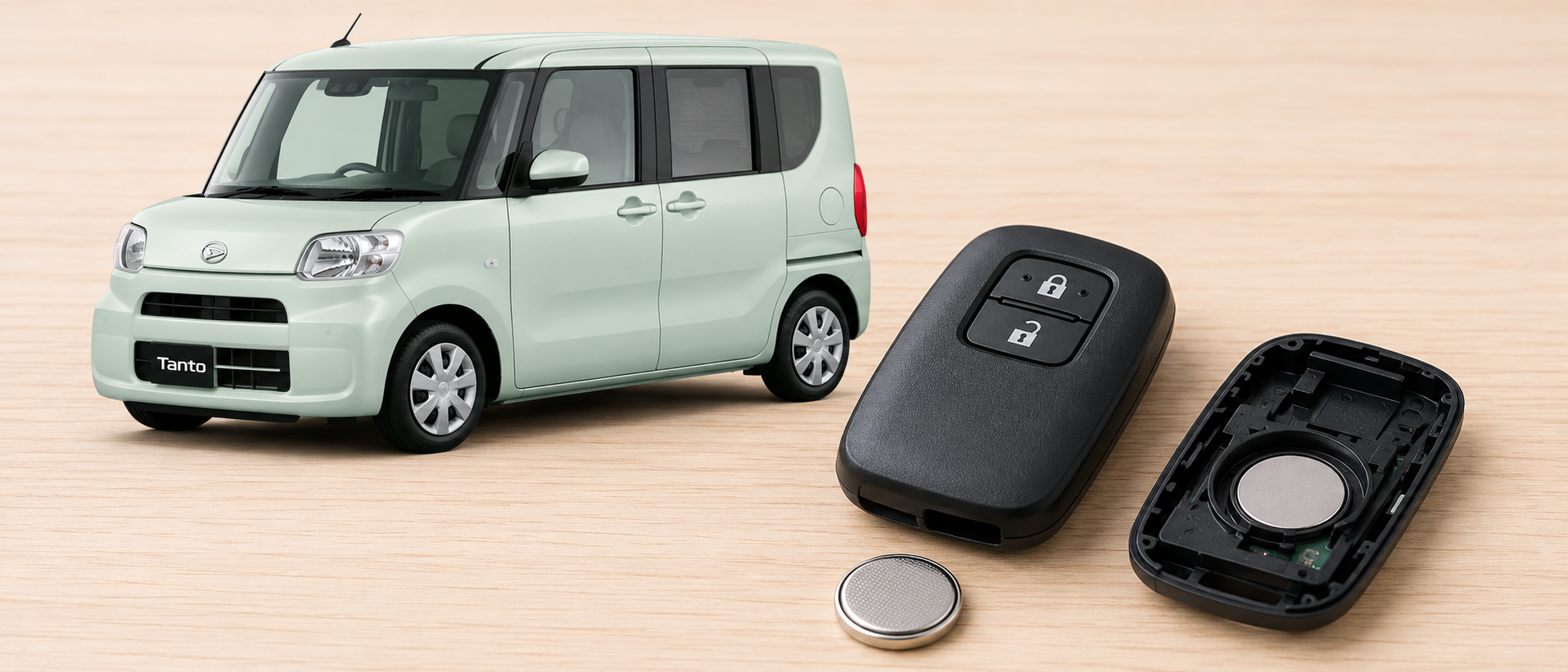 ダイハツタントの車体とキーレスエントリーキー、ボタン電池がテーブルに置かれている様子