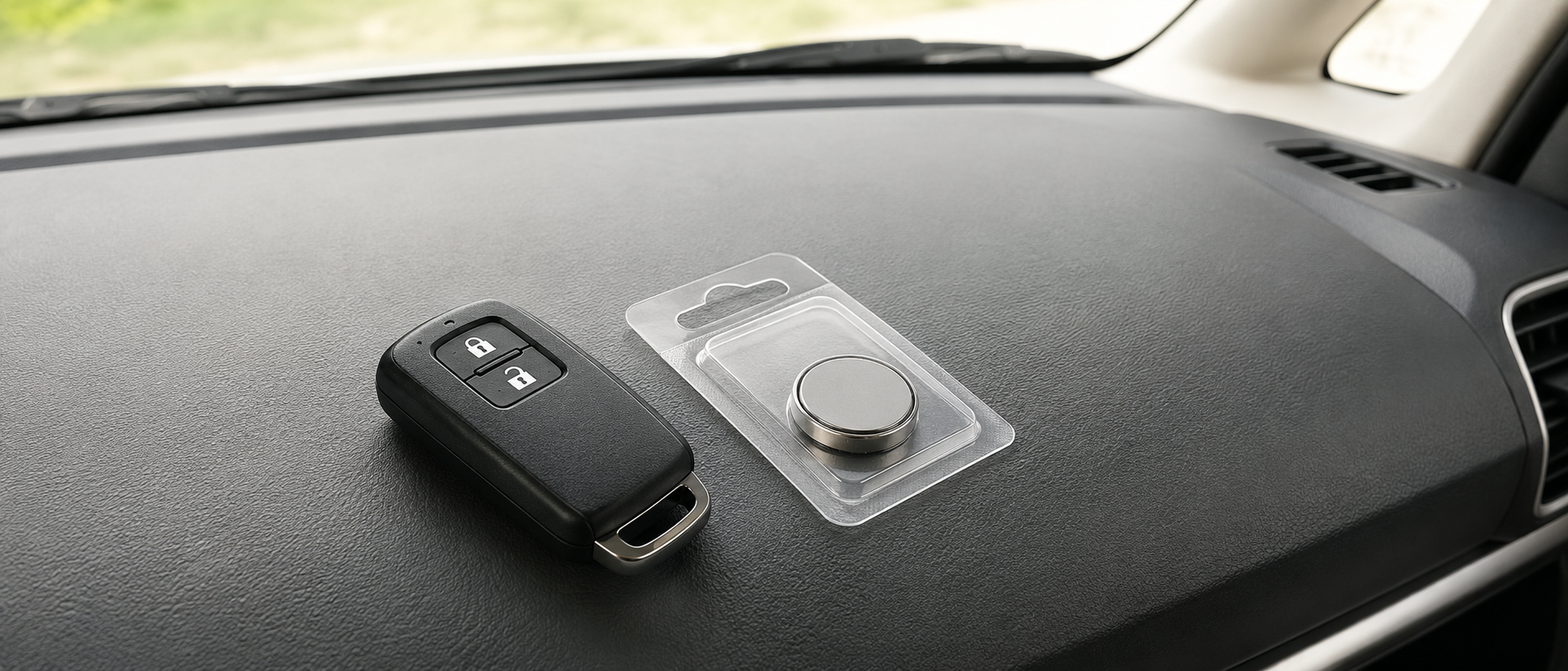 車のダッシュボードの上に置かれたスマートキーと、パッケージに入った新品のボタン電池