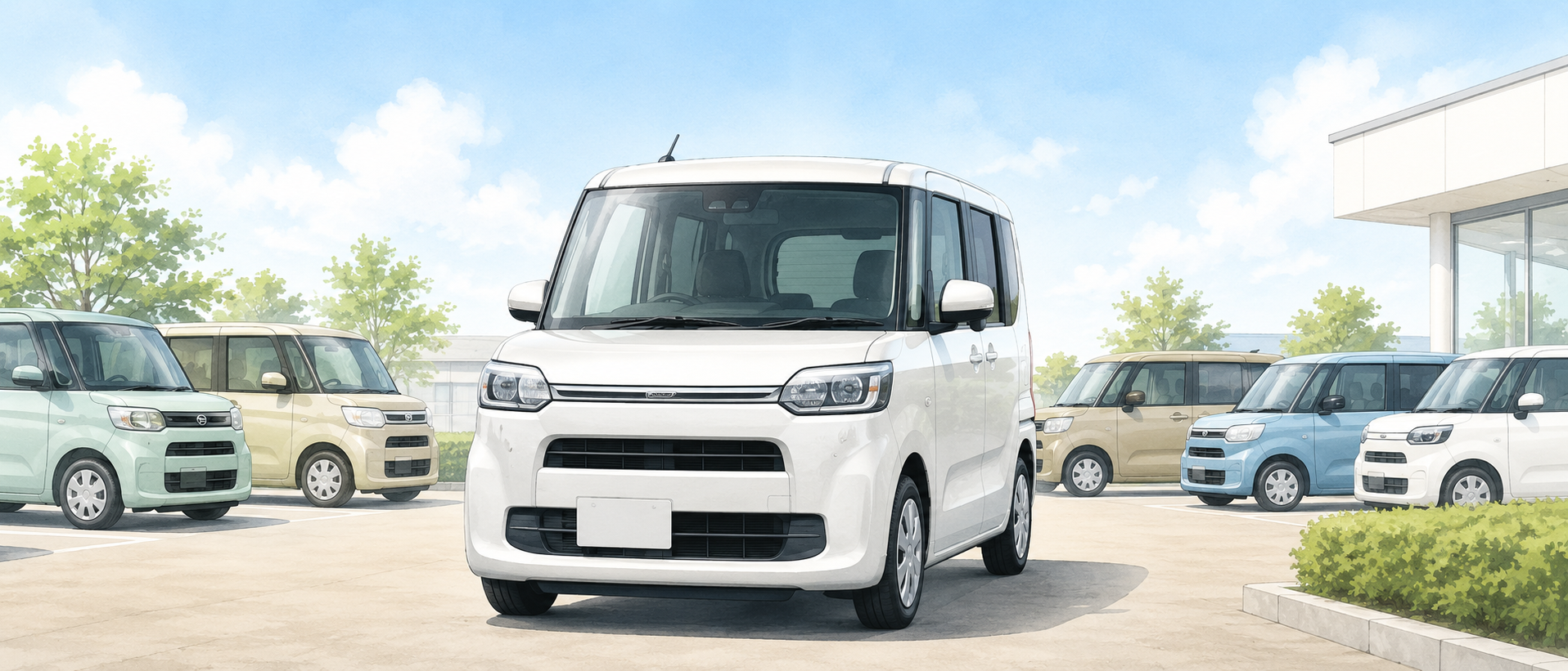 ダイハツ新型タントのフロントマスクと軽自動車展示場のイメージ