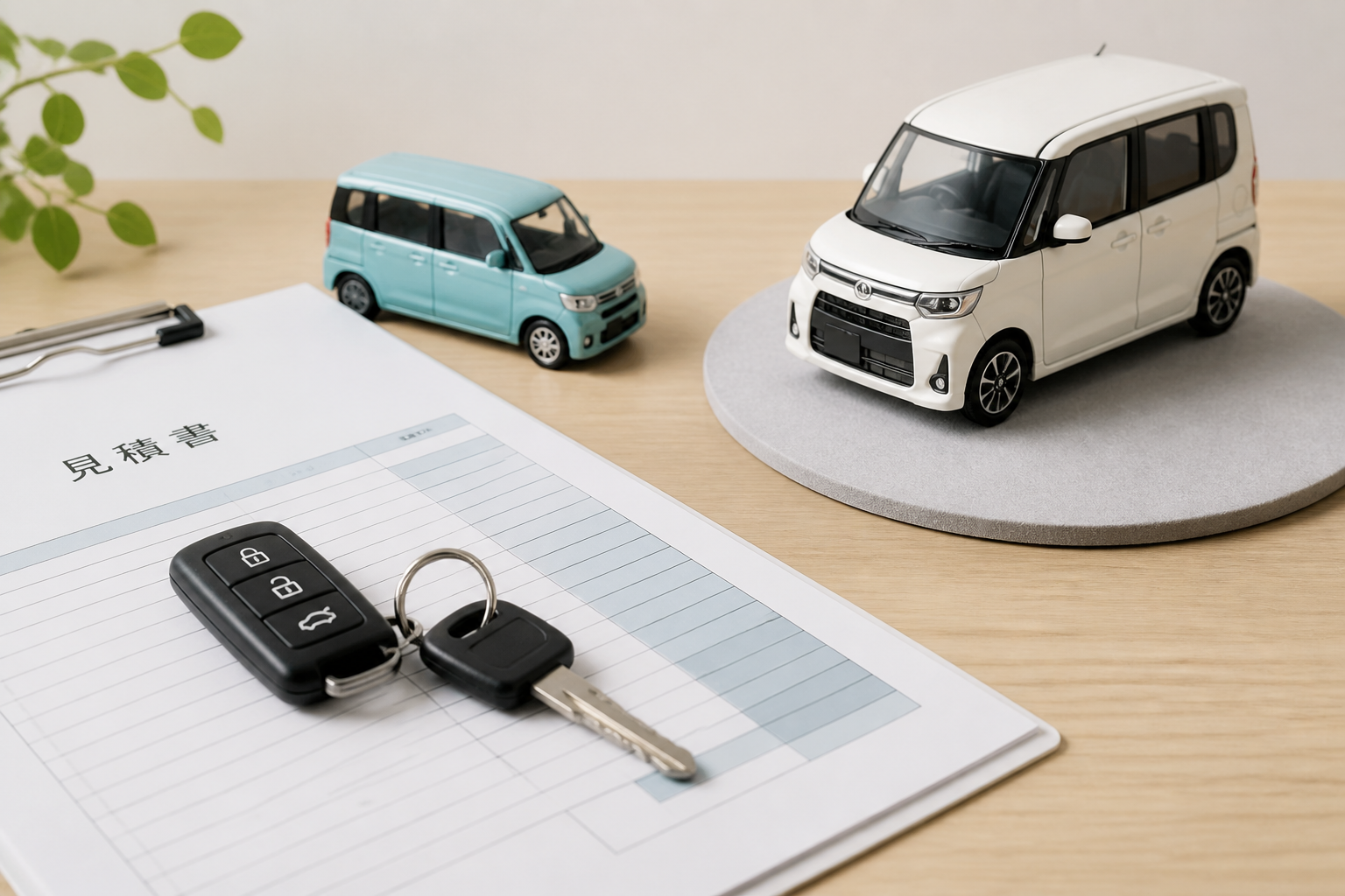 自動車の購入見積書と鍵、車買取査定の商談風景