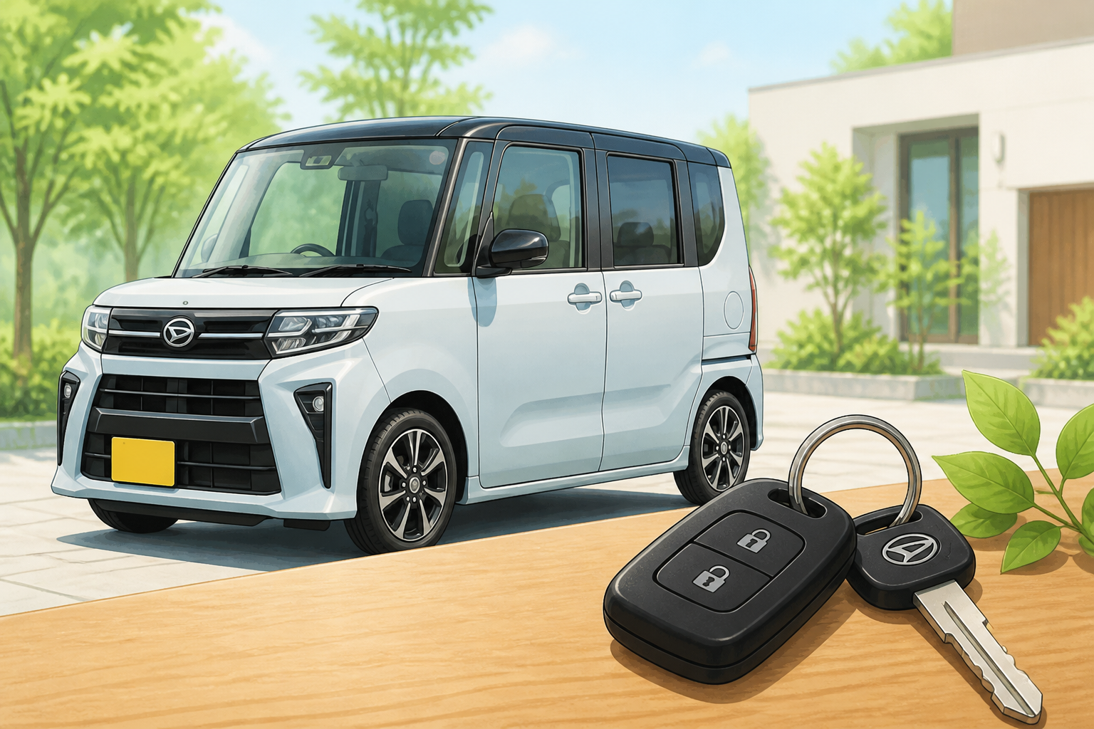 納車された新車と笑顔のファミリー、愛車の鍵のイメージ
