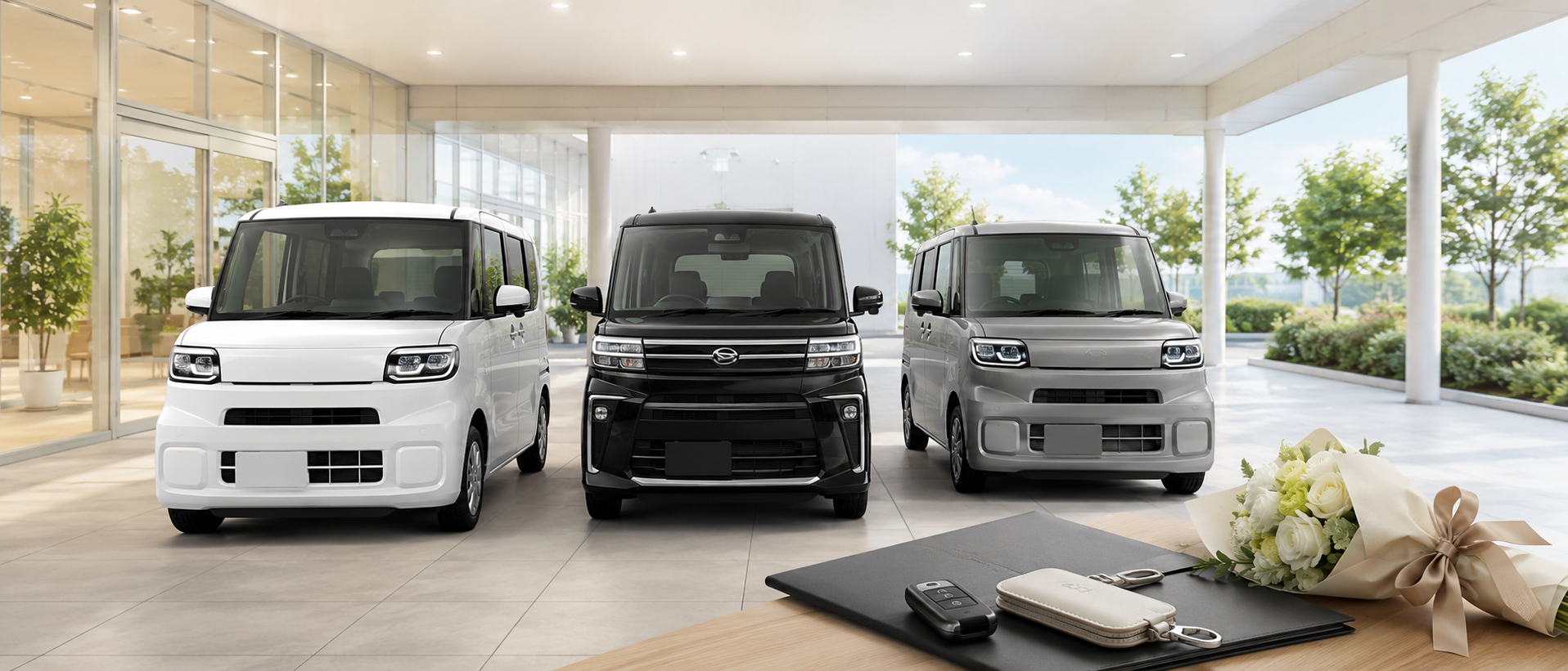 新車販売店に並ぶダイハツタントのフロントビューと納車をイメージさせる静物構図