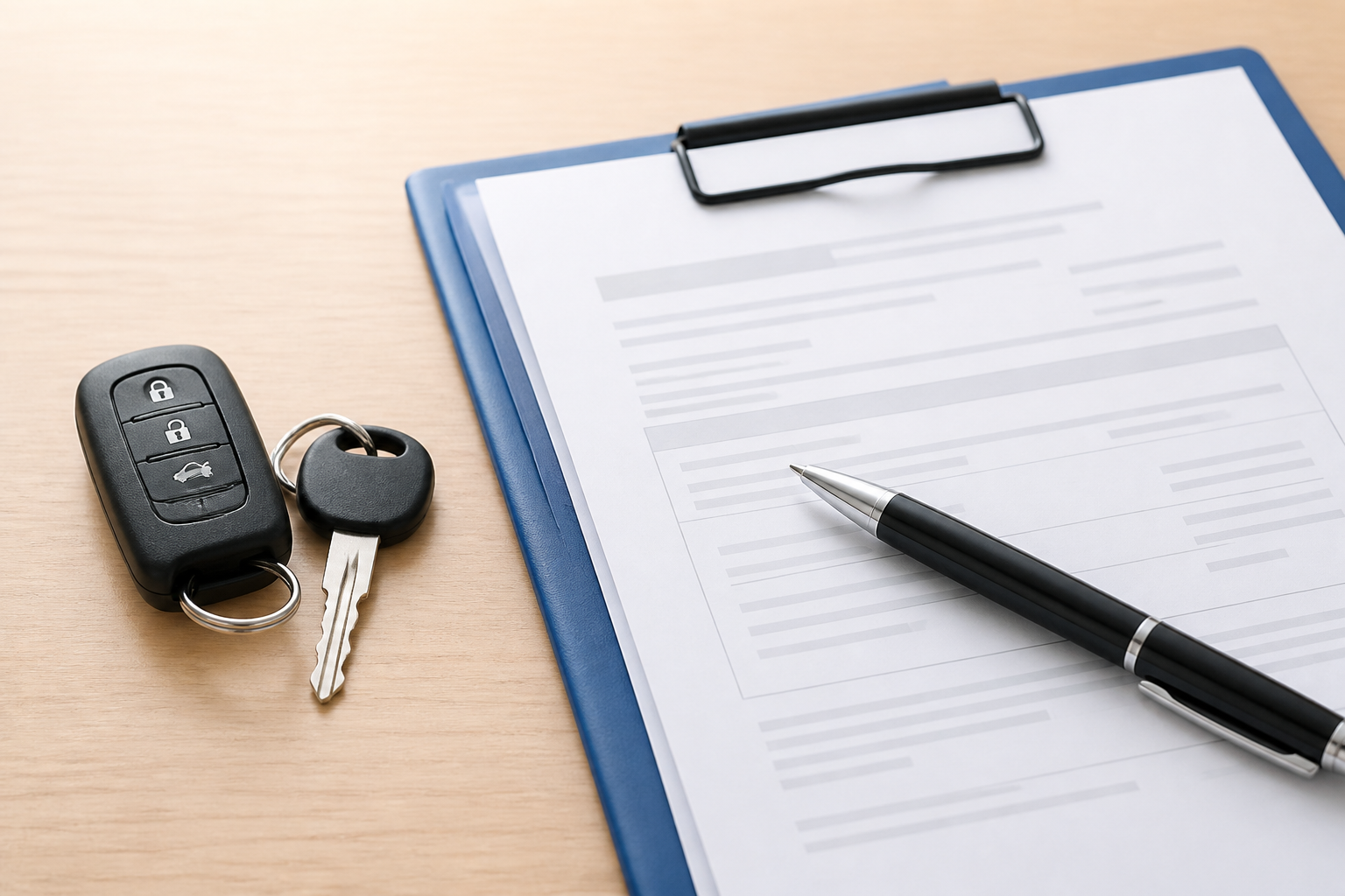 車の鍵と書類をテーブルの上で確認している査定・契約のイメージ画面