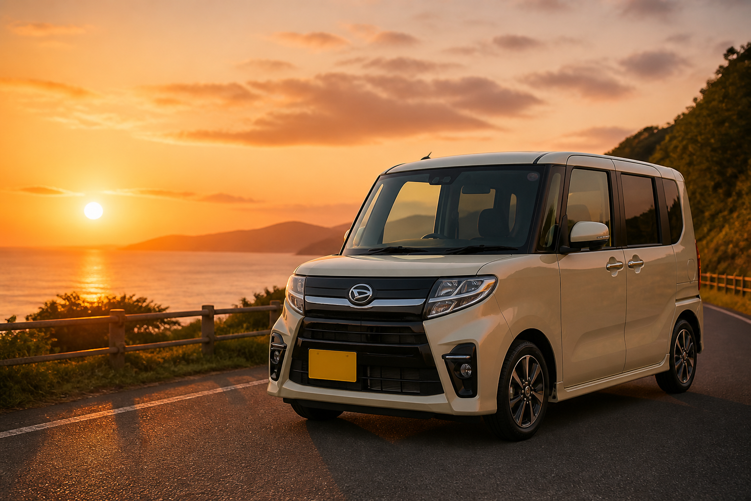 夕暮れ時に納車されたばかりの綺麗な軽自動車がドライブへ出発するような静物構図