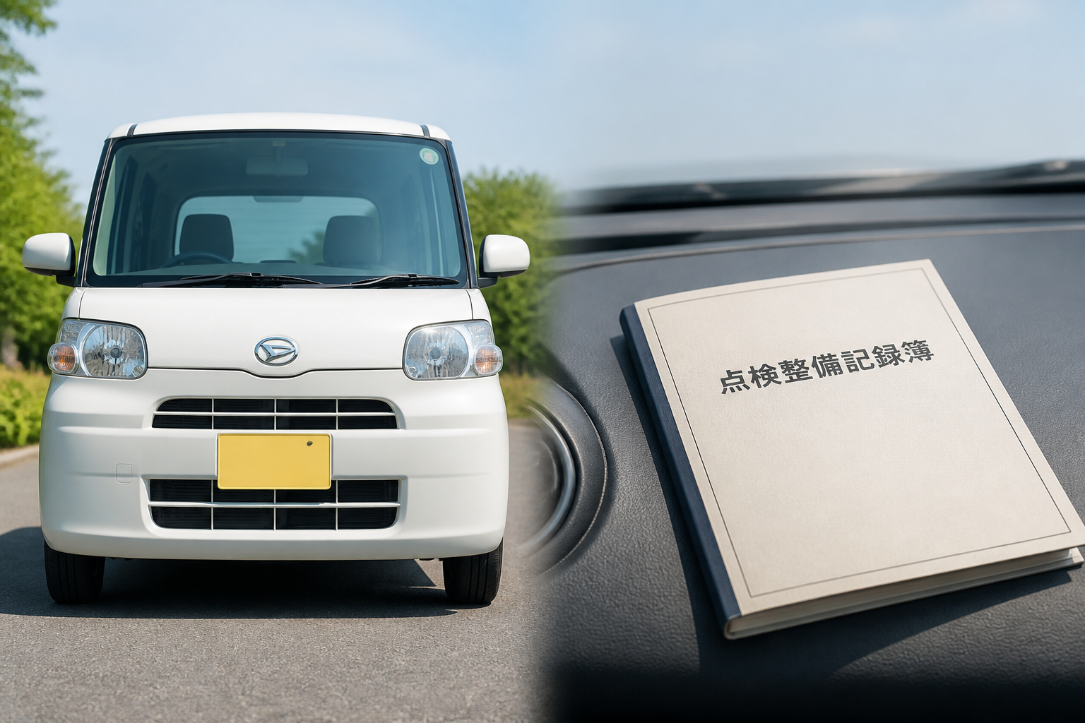 綺麗な状態で整備されたタントのフロント全景と、ダッシュボード上に置かれた点検整備記録簿の静物画像