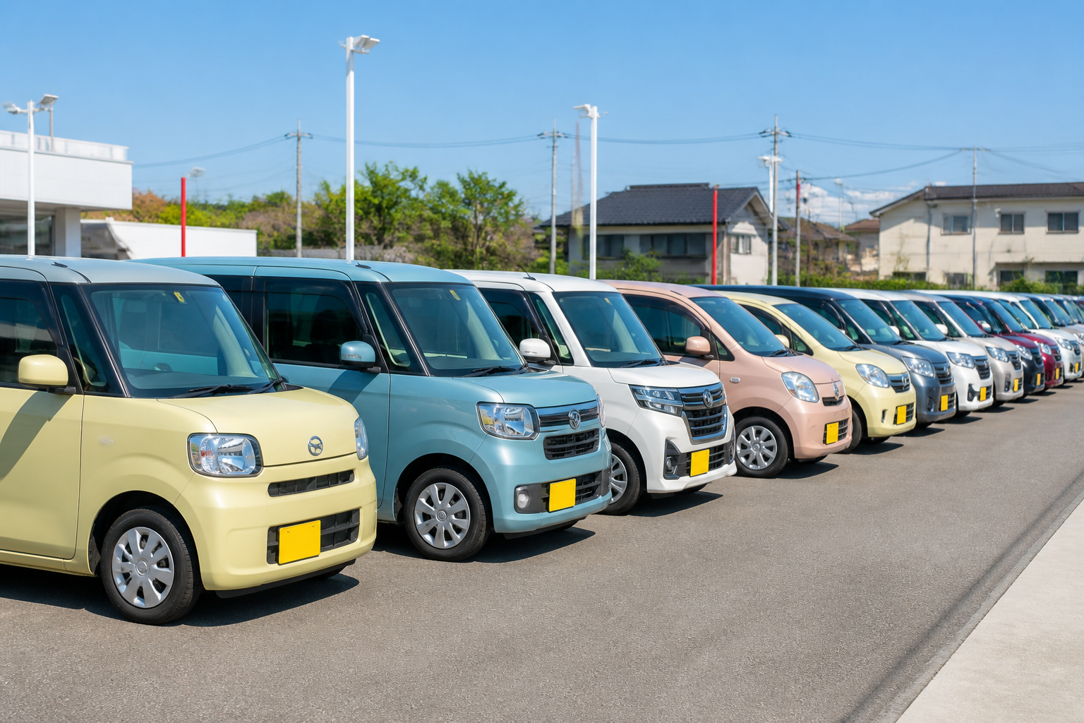 軽自動車とコンパクトカーが整然と並ぶ中古車販売店の展示場