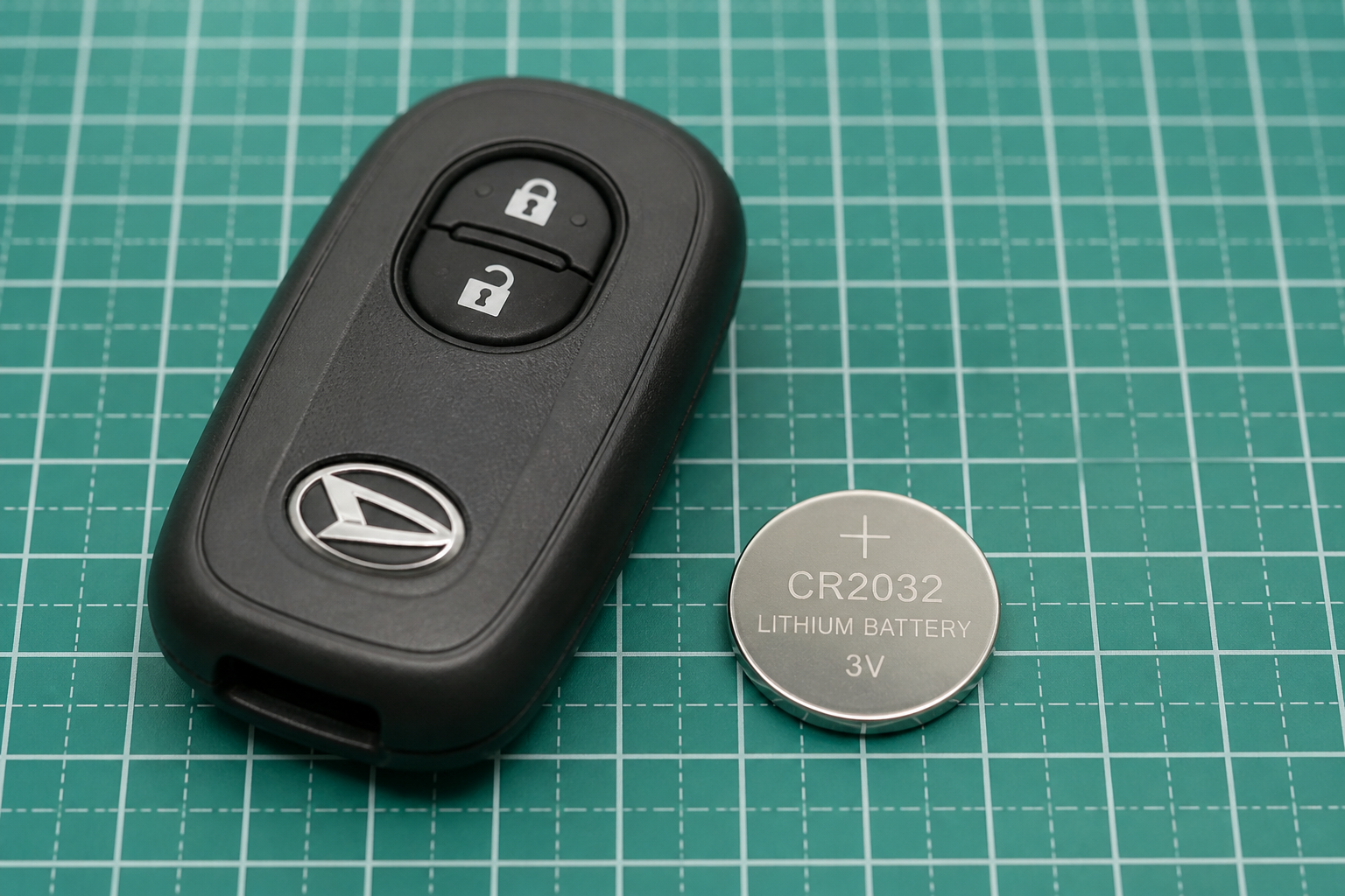 作業用マットの上に置かれたダイハツのスマートキーと新品のボタン電池CR2032