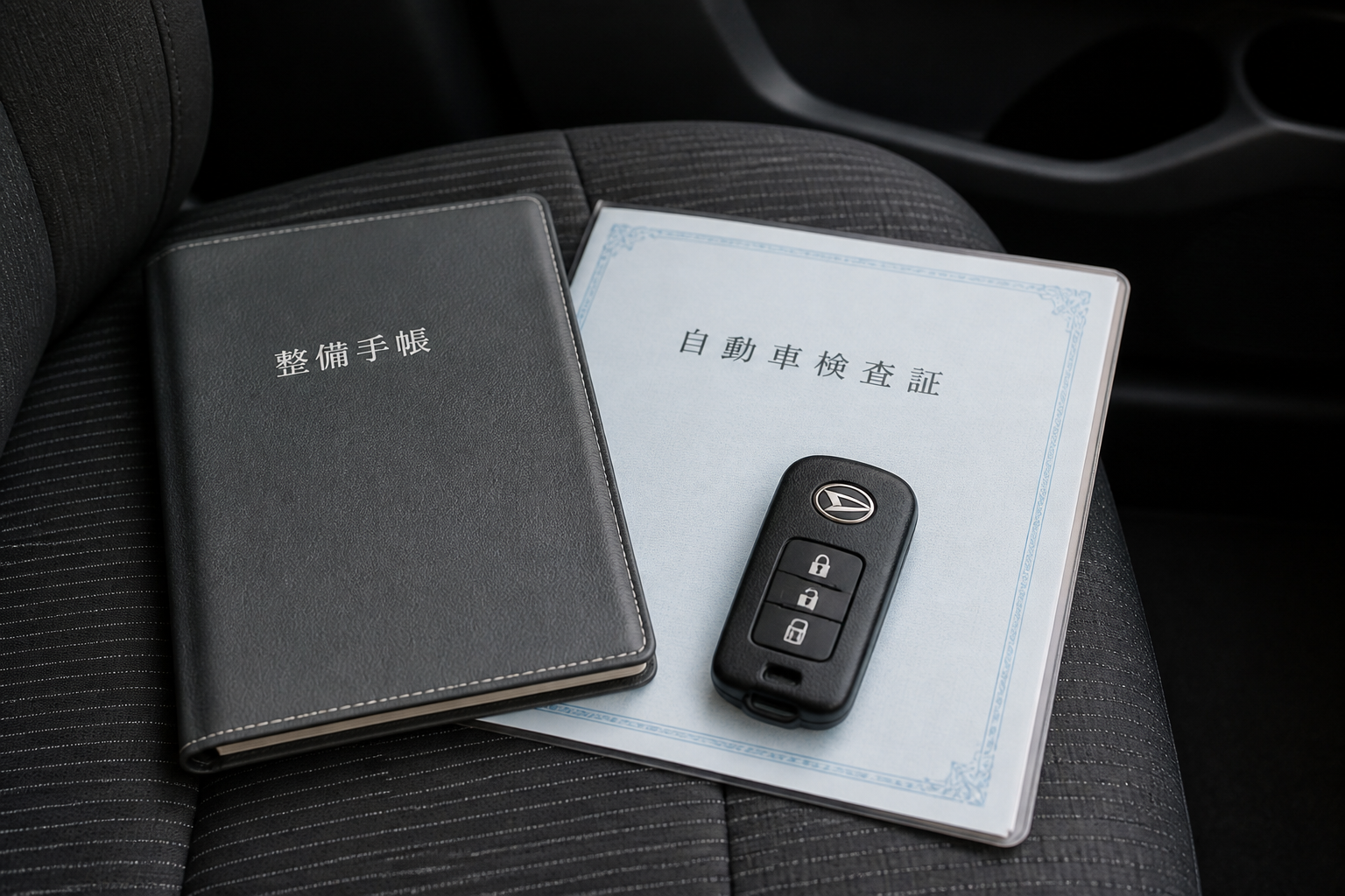 ダイハツのスマートキーと車検証、整備手帳が車内に整然と置かれている静物