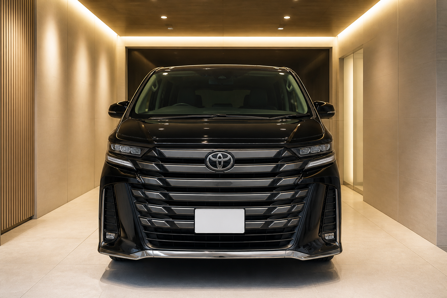 新車納車ブースで納車準備が整えられた綺麗なヴェルファイアのフロントフェイス