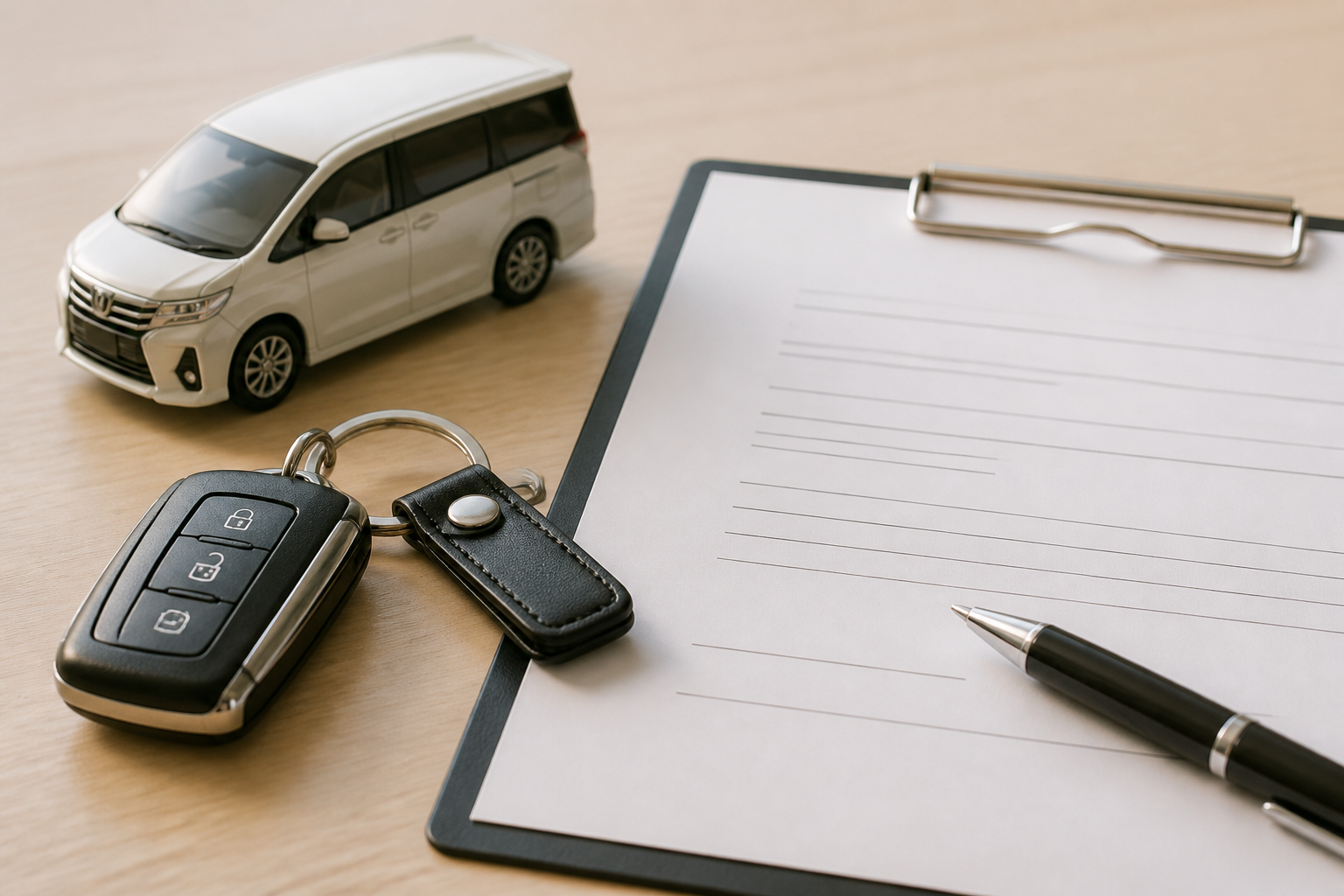 車の鍵を手渡すシーン、または新車契約書類に目を通す商談テーブルの様子