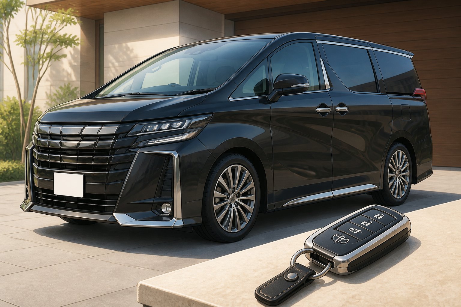 納車が完了し、鍵を手にして満足そうに愛車ヴェルファイアの横に立つオーナーのイメージ