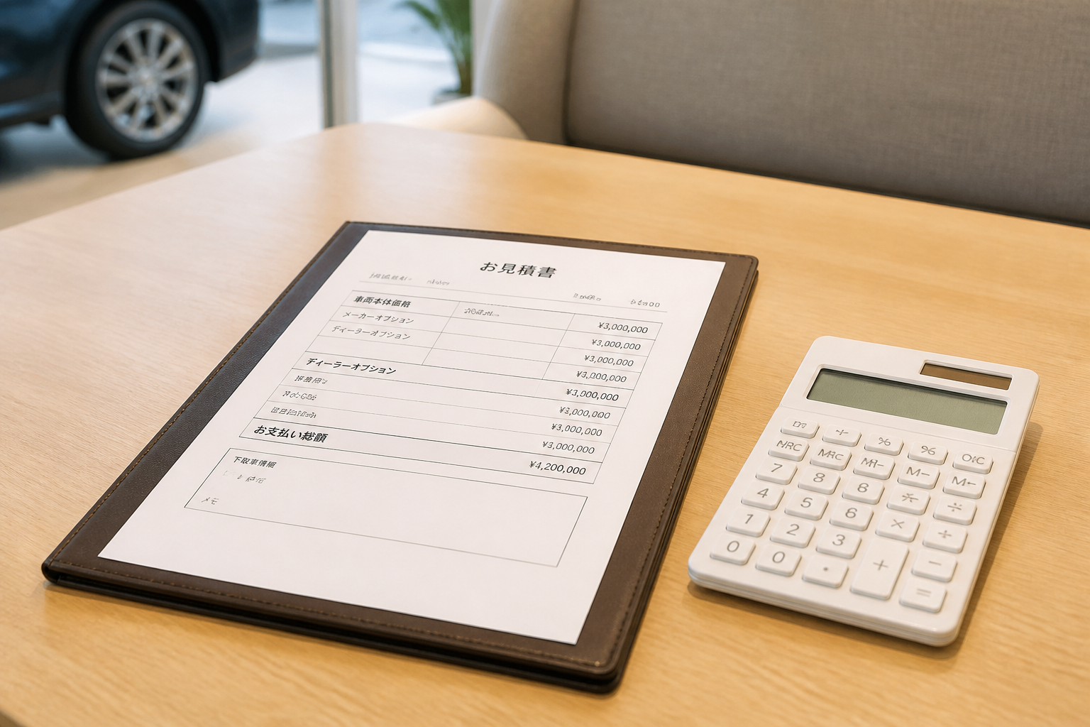 自動車販売店の商談ブースで提示された見積書と電卓