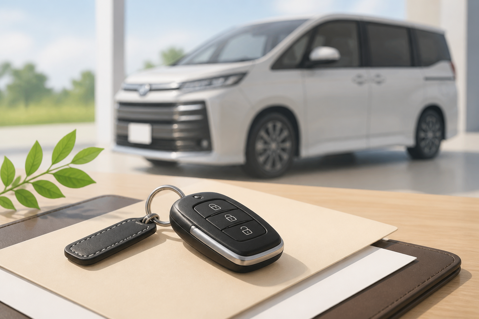 納車準備が整った新しいミニバンのキーを受け取るイメージ手元