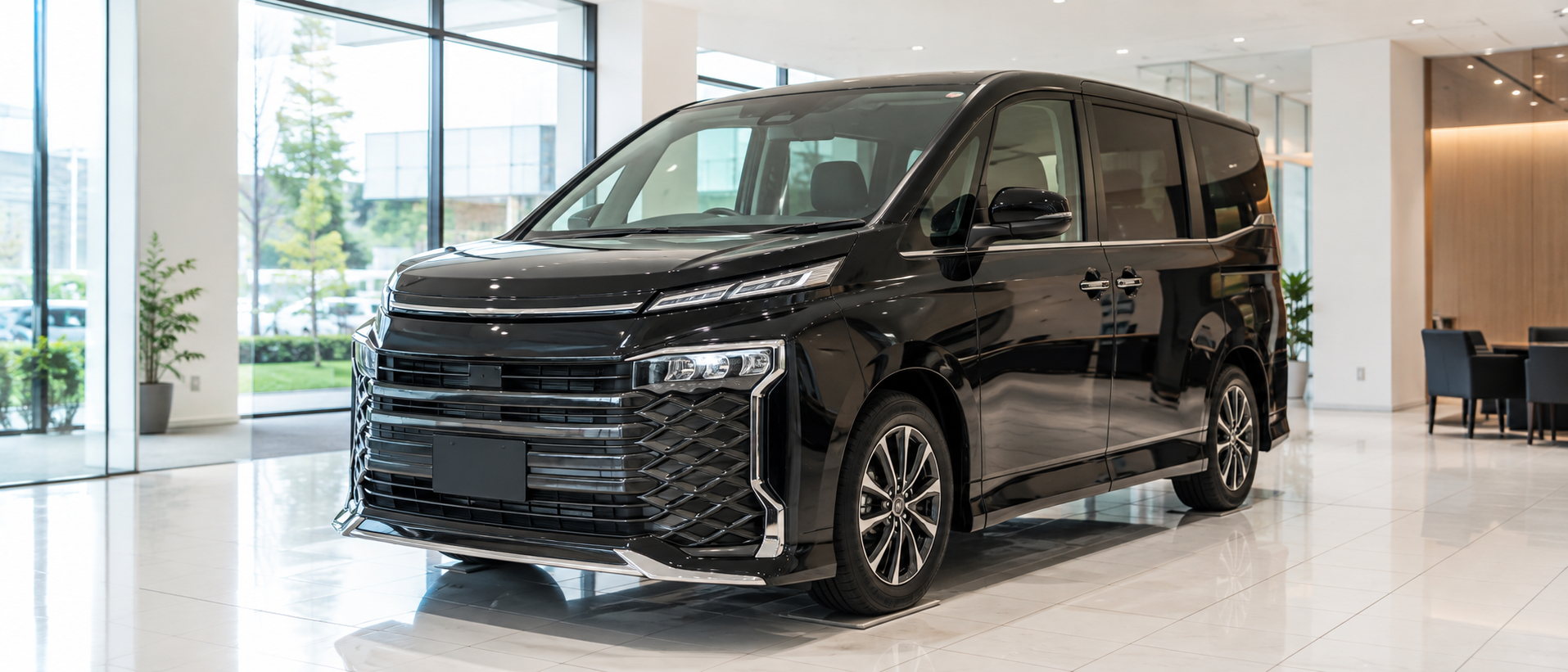 新車販売店のショールームに展示された黒色のミニバン