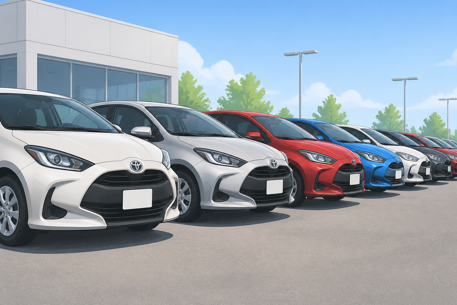 複数のヤリスが並ぶ中古車販売店の展示場スペース。車体のフロント部分が整然と並んでいる様子