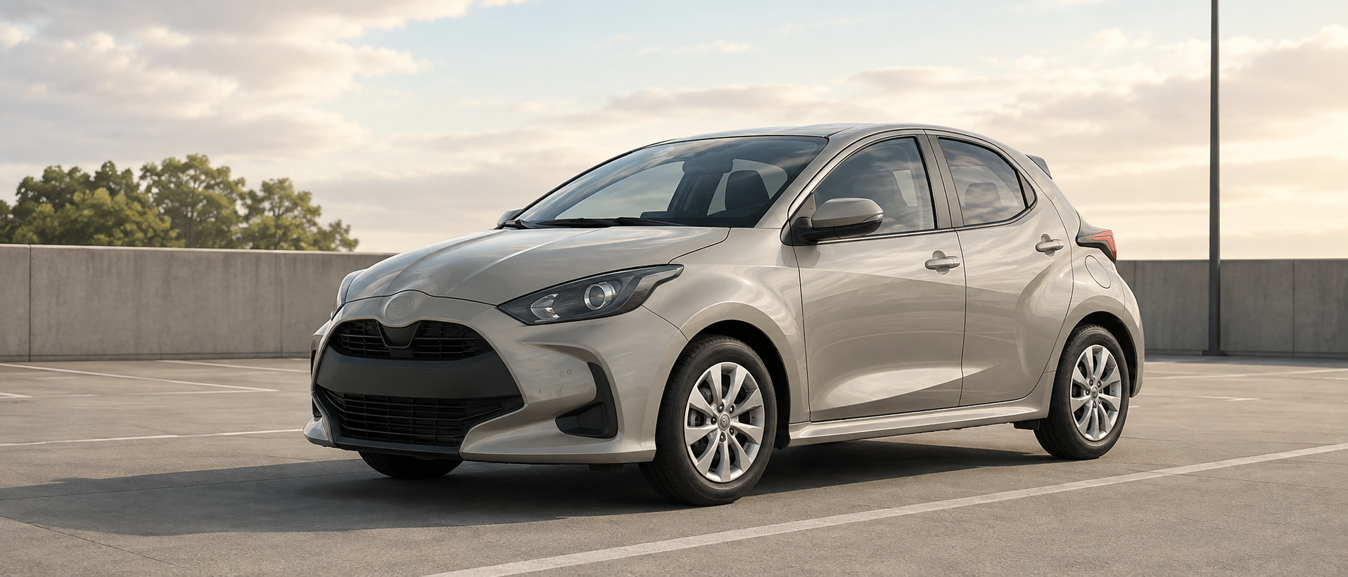 落ち着いたトーンの駐車場に停車しているトヨタ・ヤリスのマニュアル車（6MT）のフロント・サイドシルエット