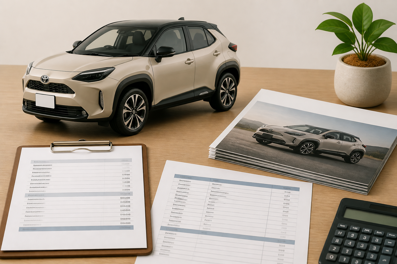 新車のヤリスクロスの外観と価格表やパンフレットが整然と置かれたデスク