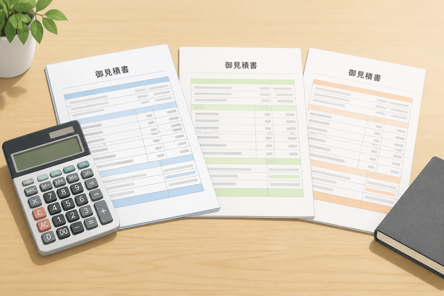 複数の見積書を見比べる電卓と書類が並んだ商談用のテーブル