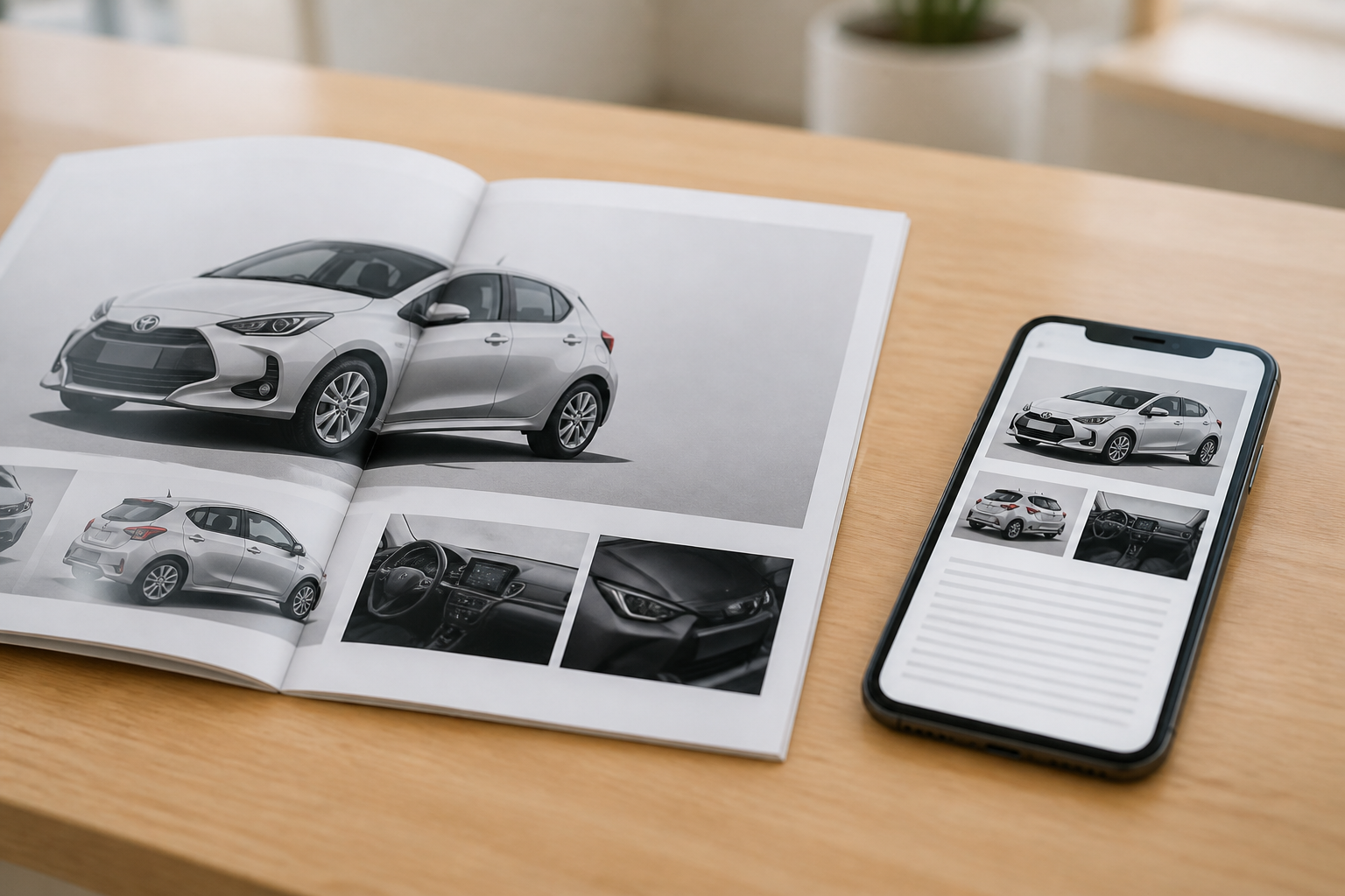 ディーラーの商談テーブルに置かれた車のカタログと、スマートフォンで車の最新ニュースを閲覧している画面