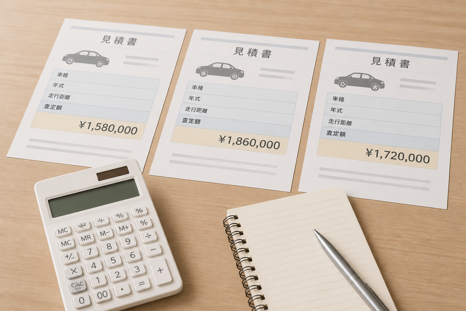 複数の見積書が並べられたデスクの上で、電卓を叩きながら最適な売却先を検討している様子