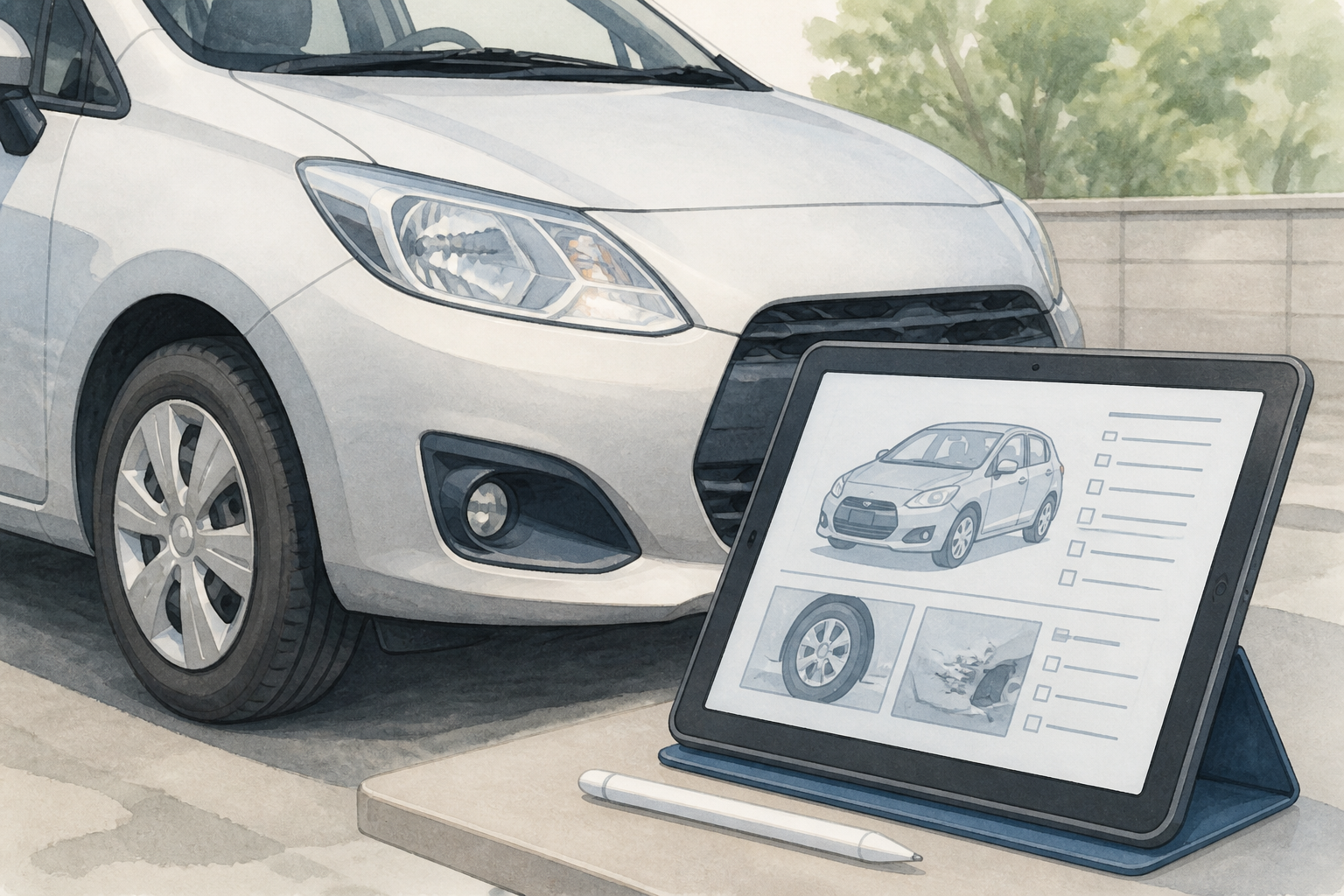 車の前で査定員がタブレットを用いて状態を確認している様子