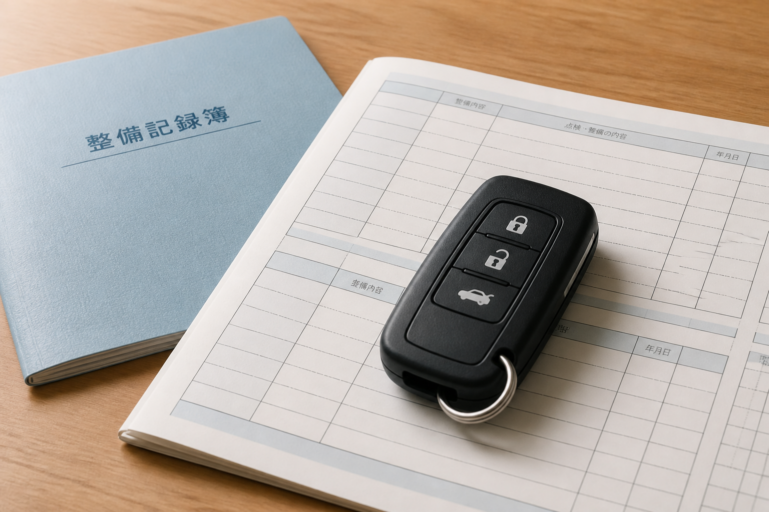 車の鍵（スマートキー）と整備記録簿などの書類が置かれているイメージ