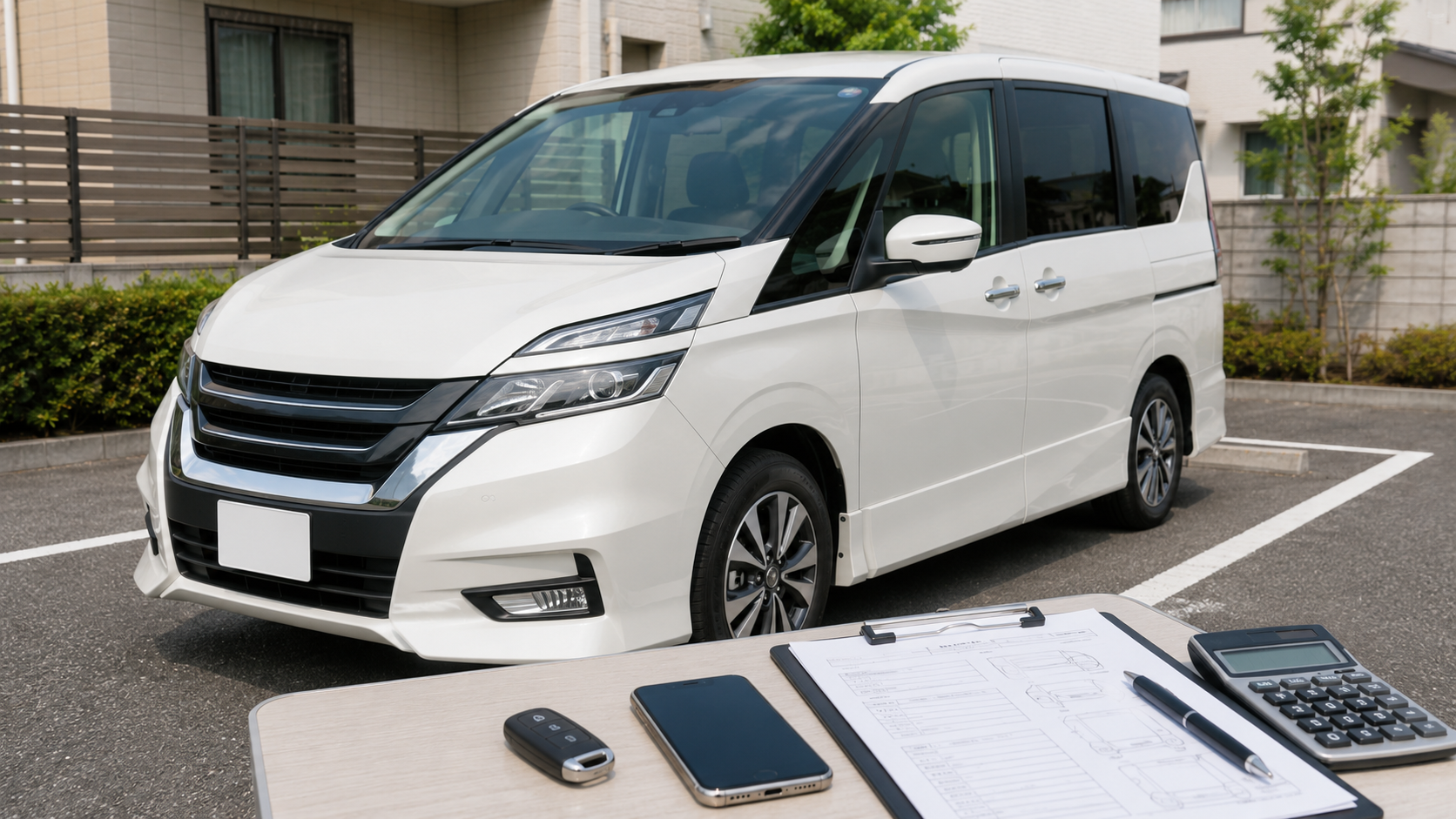 日産のミニバンが査定を受けている様子を示す静物構図