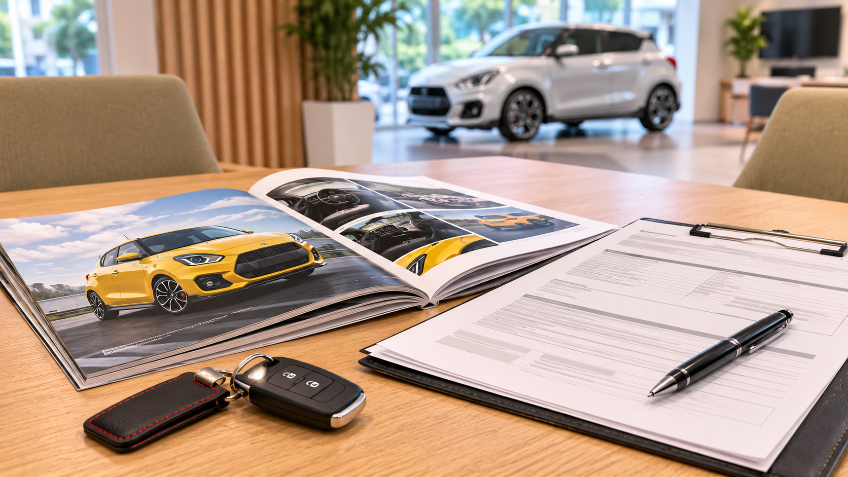 ディーラーの明るい商談スペースのテーブルに置かれた車のカタログと見積書