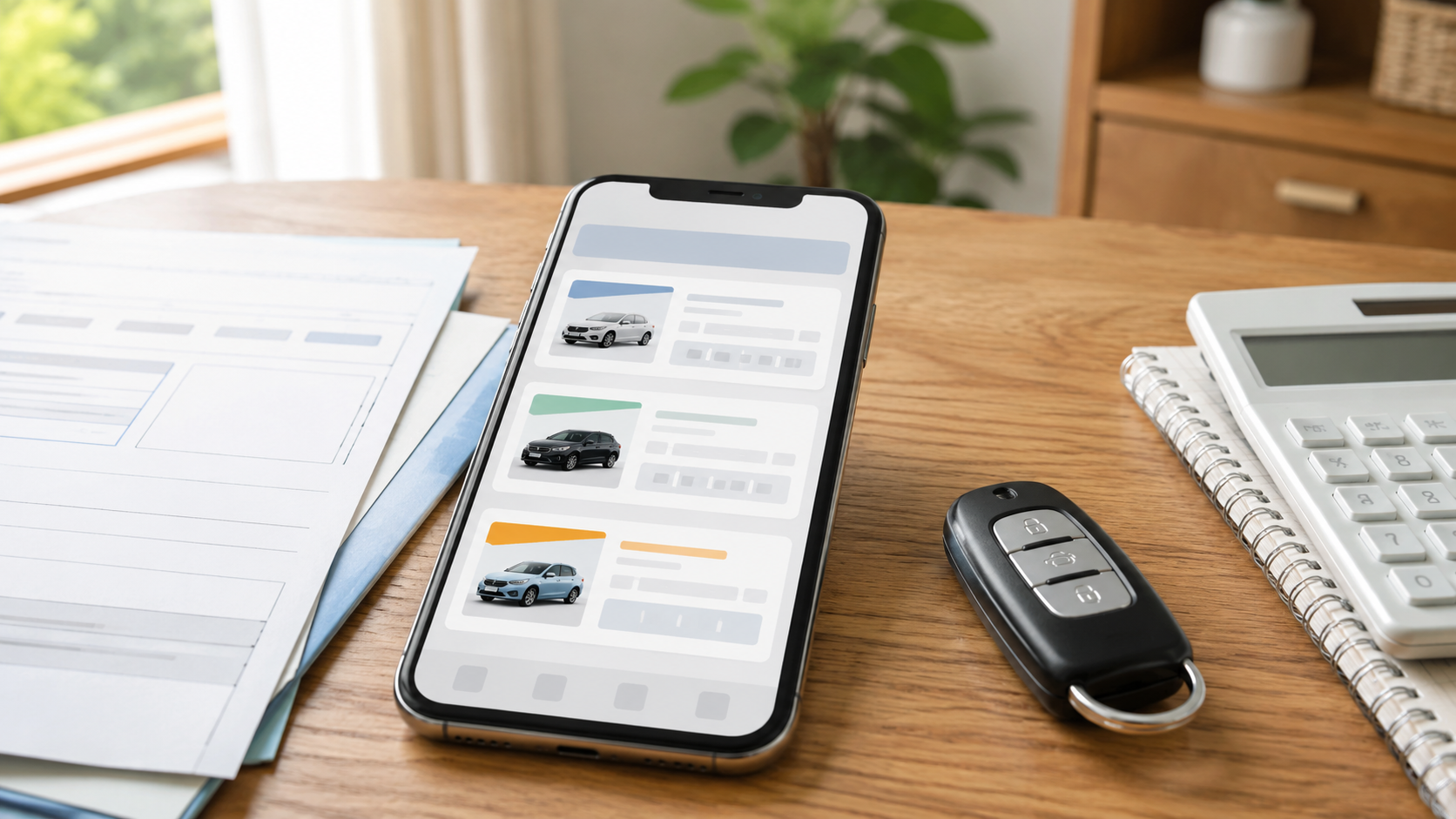 スマートフォン画面に表示された車査定サービスの比較イメージの静物構図